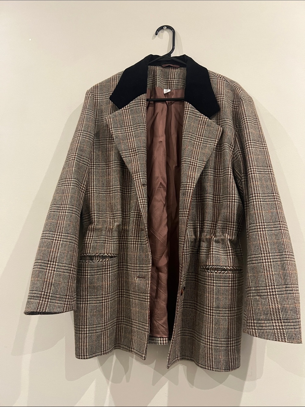 Brown Plaid Blazer Jacket with Black Collar